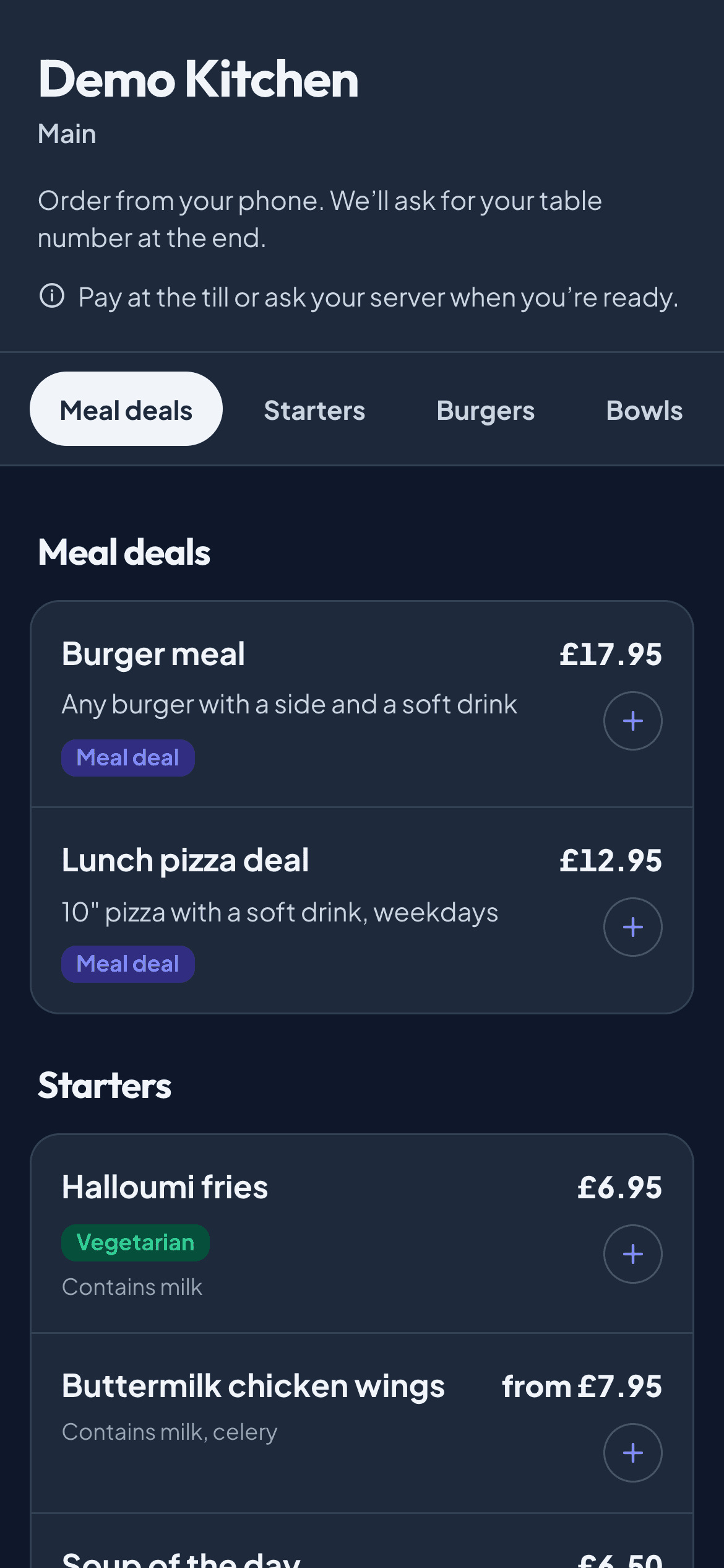 The QR table menu on a phone